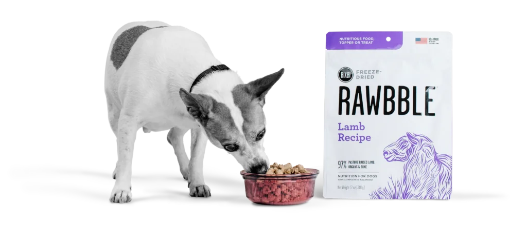 Dog eating BIXBI Rawbbler Lamb dog food from bowl.