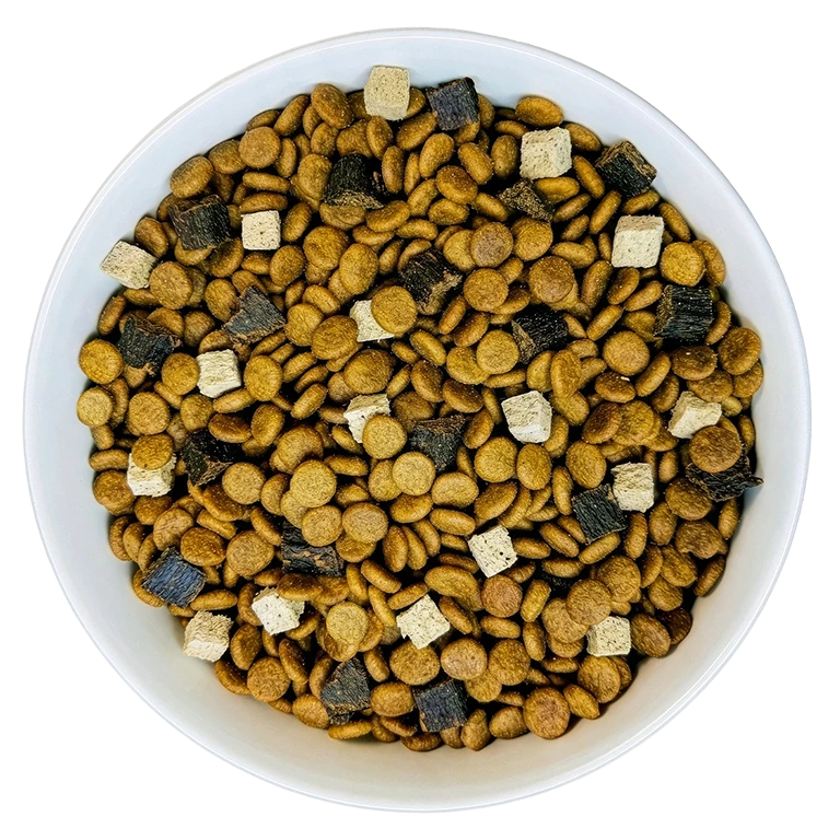 BIXBI dog food mix with kibble and freeze-dried pieces.